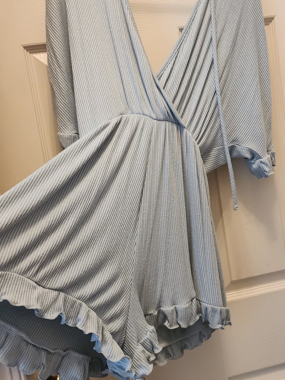 Pink Lily Light Blue Ribbed Wrap Romper with Ruffle Hem
